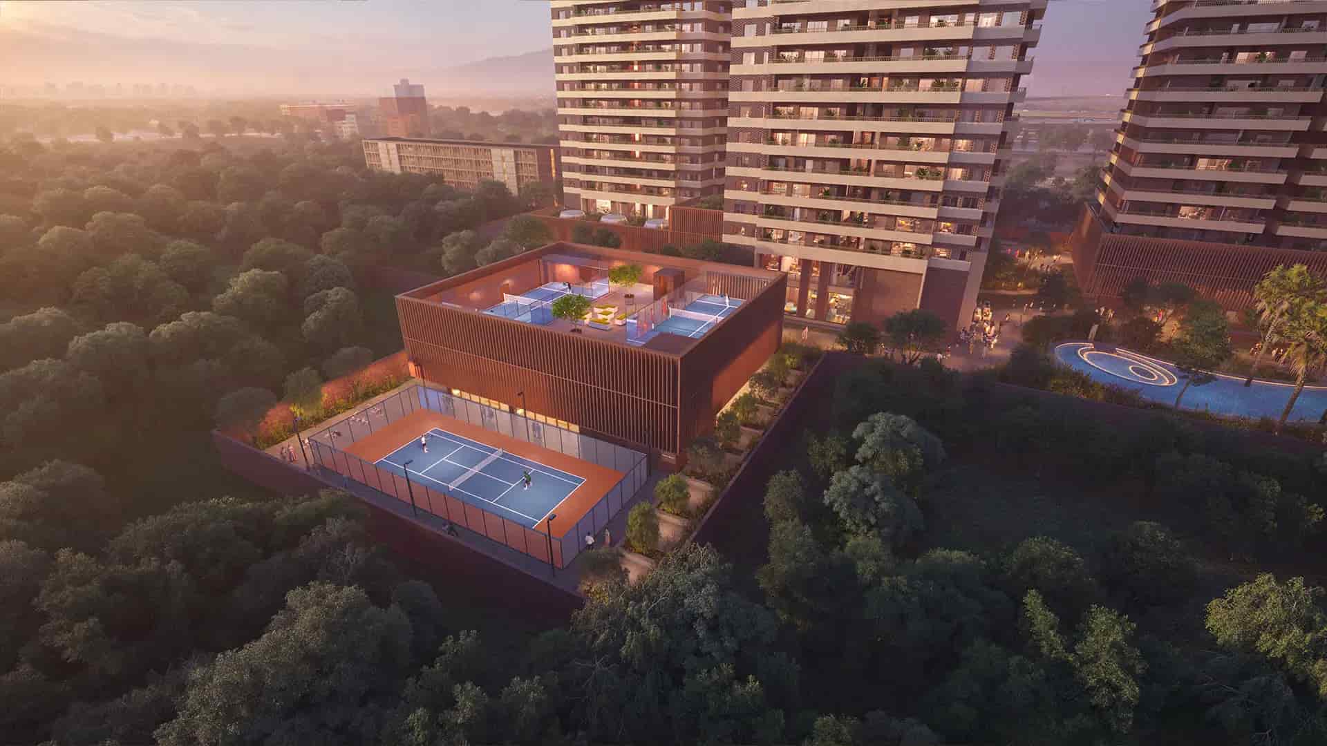 Amenities building with sports courts and swimming pool