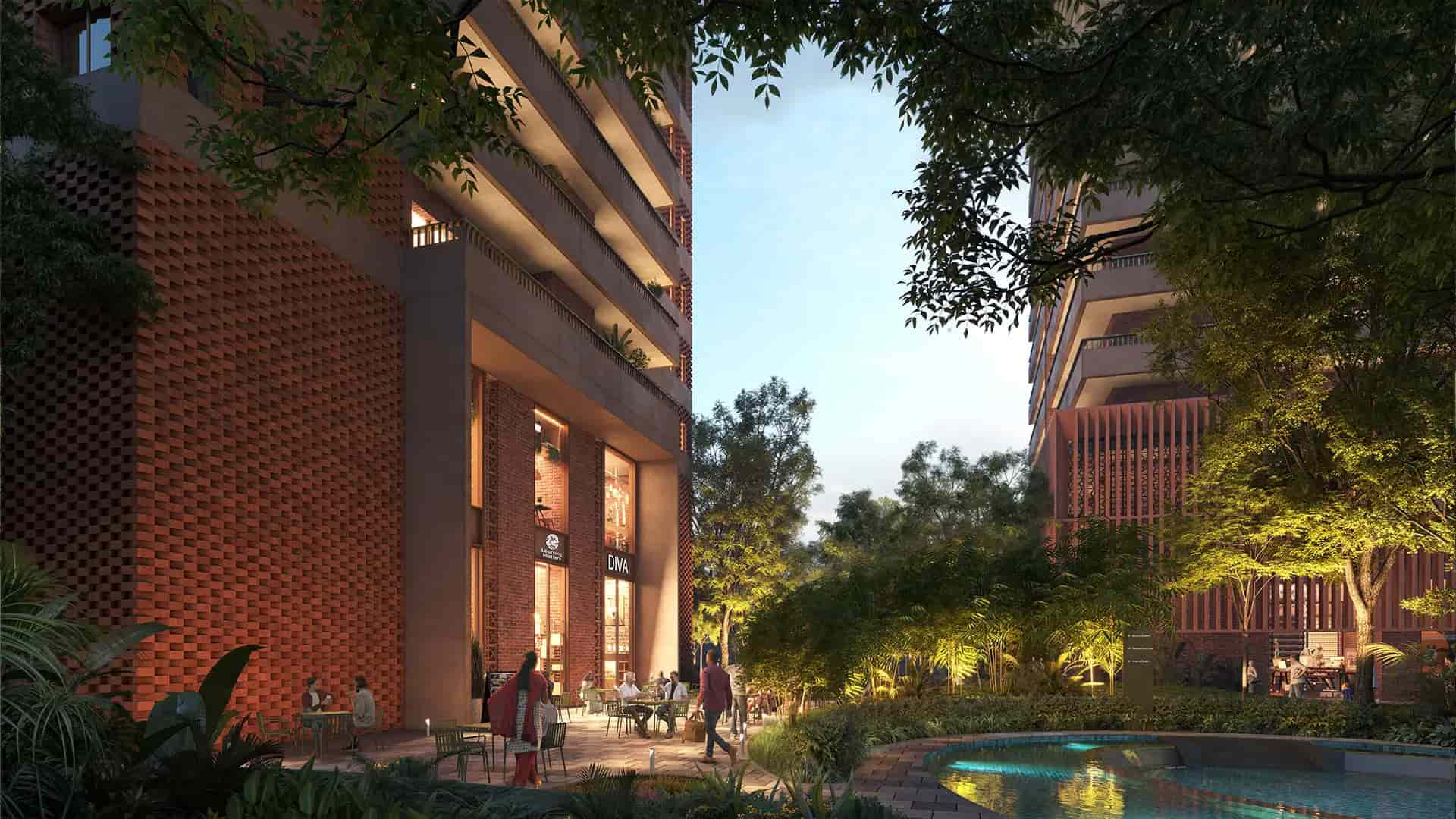 Central courtyard with modern architecture and outdoor dining