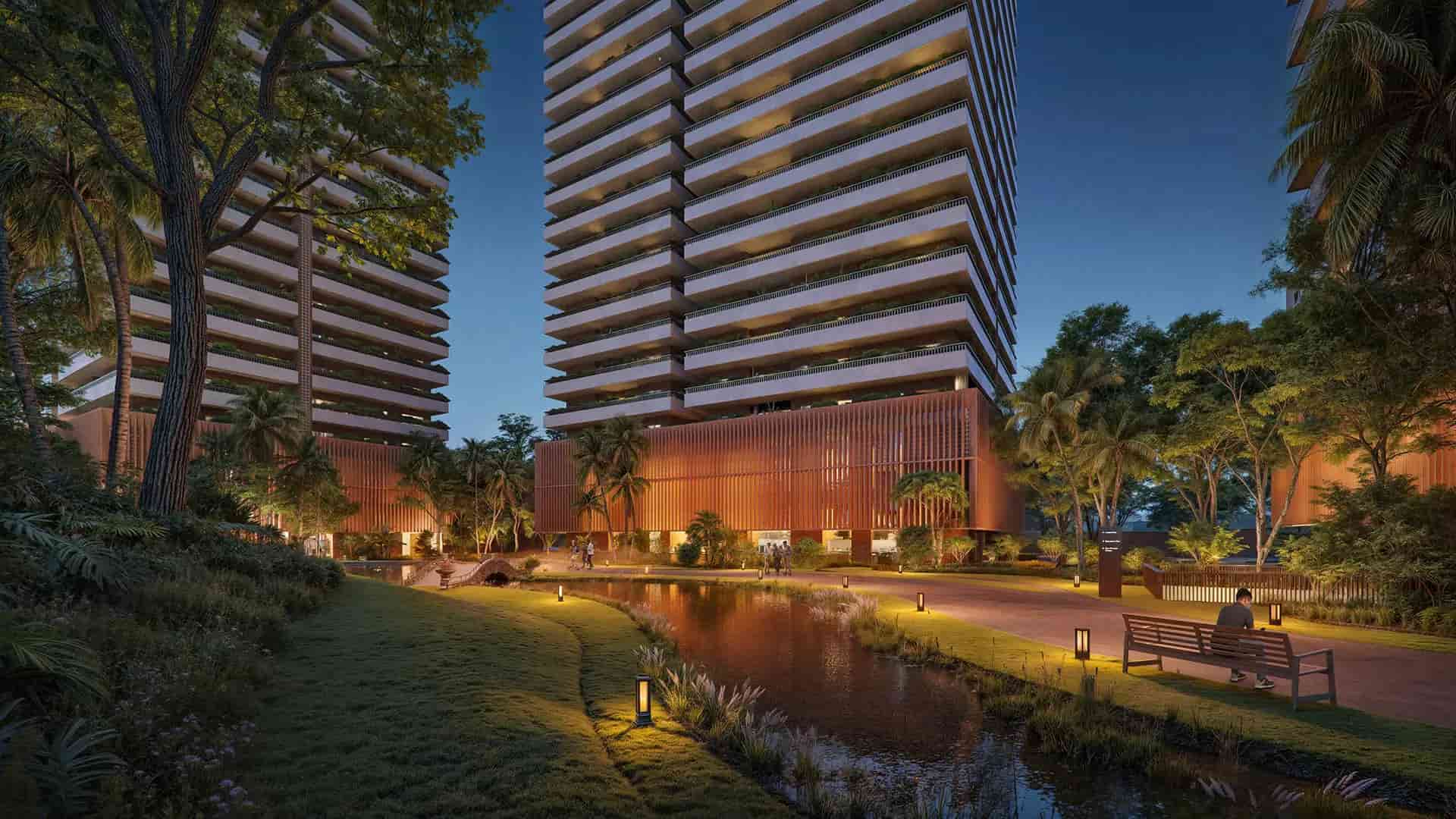 Landscaped grounds with water feature and illuminated pathways