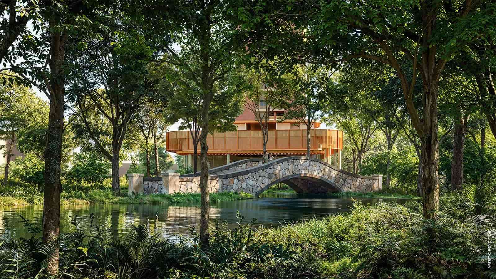 Stone bridge and lush green surroundings
